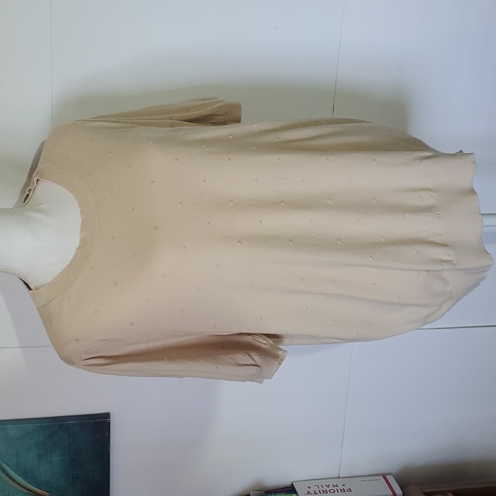 Women's Swiss Dot Size XL Stretchy Blouse Forgiving Banded Bottom & Sleeves Tan